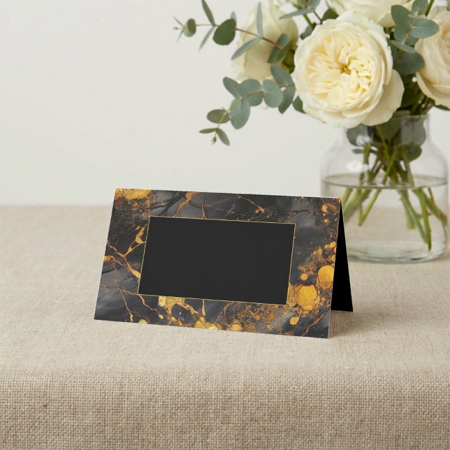 Asiento Tarjeta de bienvenida con marco de mármol negro y  (Black and gold marble frame guest name place card.)
