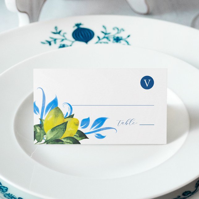 Asiento Tarjeta de decoración de la mesa del Boda de limón (Wedding place cards with meal choice watercolor lemons with blue and green botanicals)