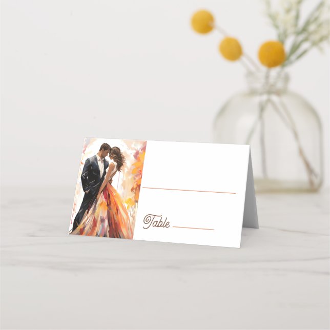 Asiento Tarjeta de lugar artístico de pareja de boda otoño (Anverso)