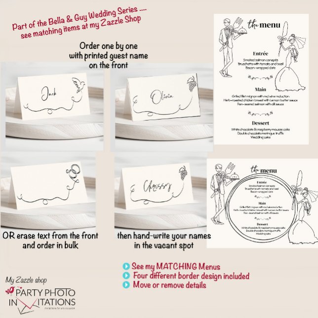 Asiento tarjeta de lugar boda dibujada a mano (Bella & Guy hand drawn menu place cards)