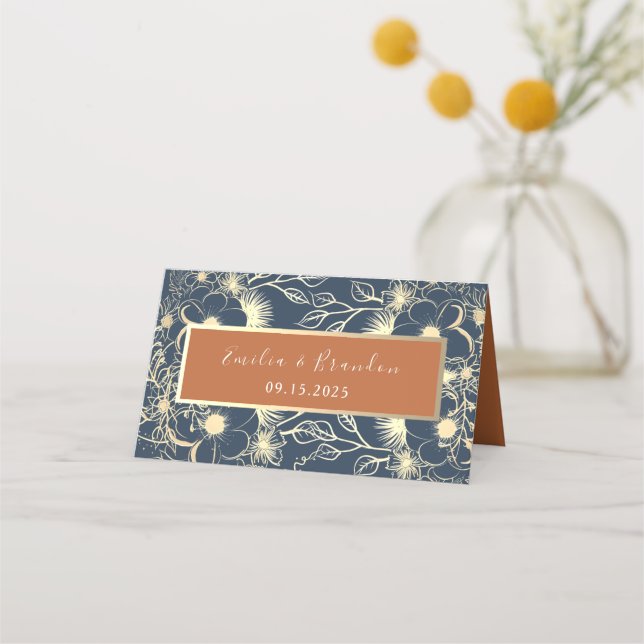 Asiento Tarjeta de lugar de boda azul marino (Reverso)
