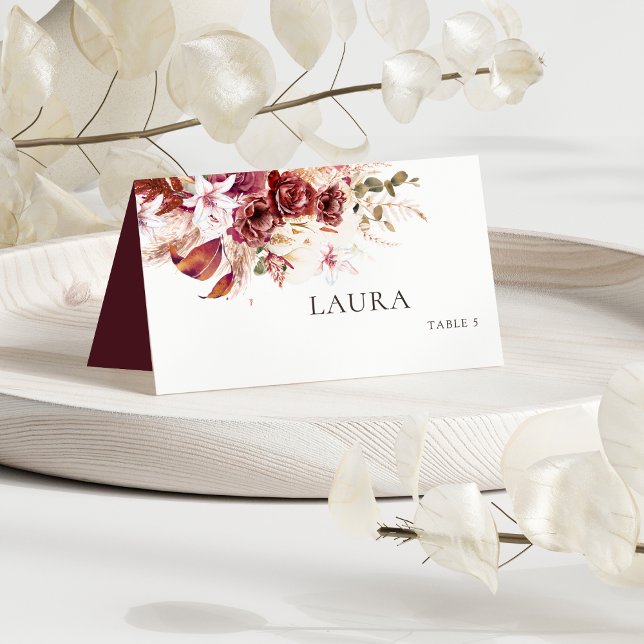 Asiento Tarjeta de lugar de boda boho – Borgoña y rubor (Subido por el creador)