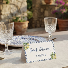 Asiento Tarjeta de lugar de boda con azulejo azul y limón