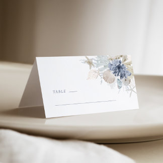 Asiento Tarjeta de lugar de boda con concha costera azul p