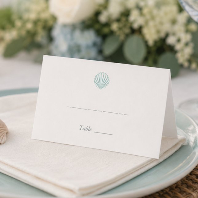 Asiento Tarjeta de lugar de boda con conchas marinas coste (Modern Coastal Seashell Wedding Place Card)
