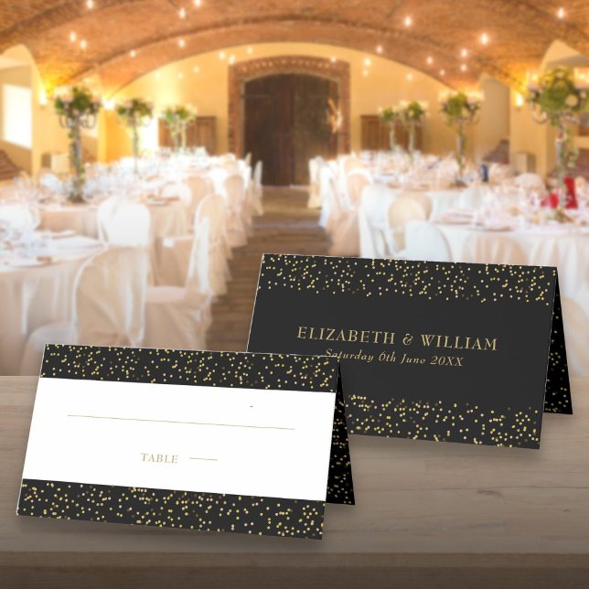 Asiento Tarjeta de lugar de boda con confeti de polvo dora (Modern Black Gold Dust Confetti Wedding Place Card)