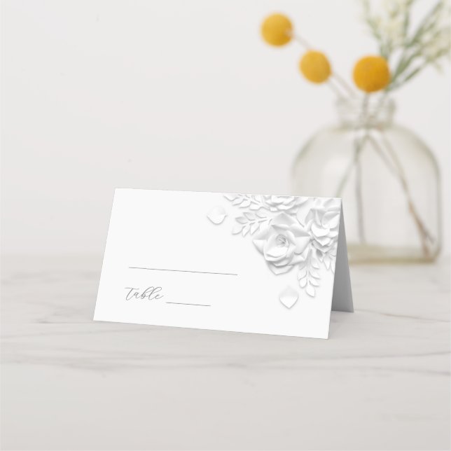 Asiento Tarjeta de lugar de boda con flores 3D blancas (Anverso)