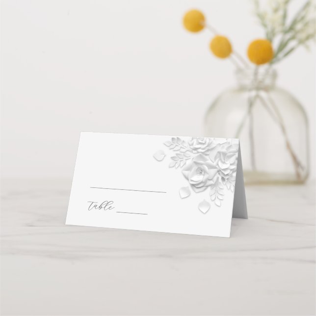 Asiento Tarjeta de lugar de boda con flores 3D blancas (Anverso)