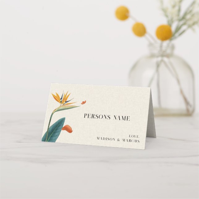 Asiento Tarjeta de lugar de boda con flores tropicales ele (Anverso)