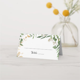 Asiento Tarjeta de lugar de boda con follaje verde dorado 