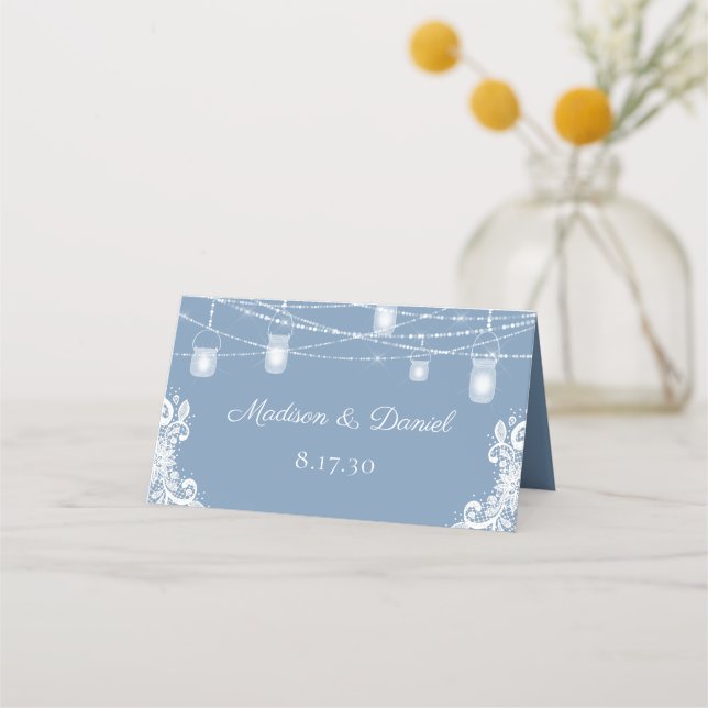 Asiento Tarjeta de lugar de boda con luces azules polvorie (Reverso)