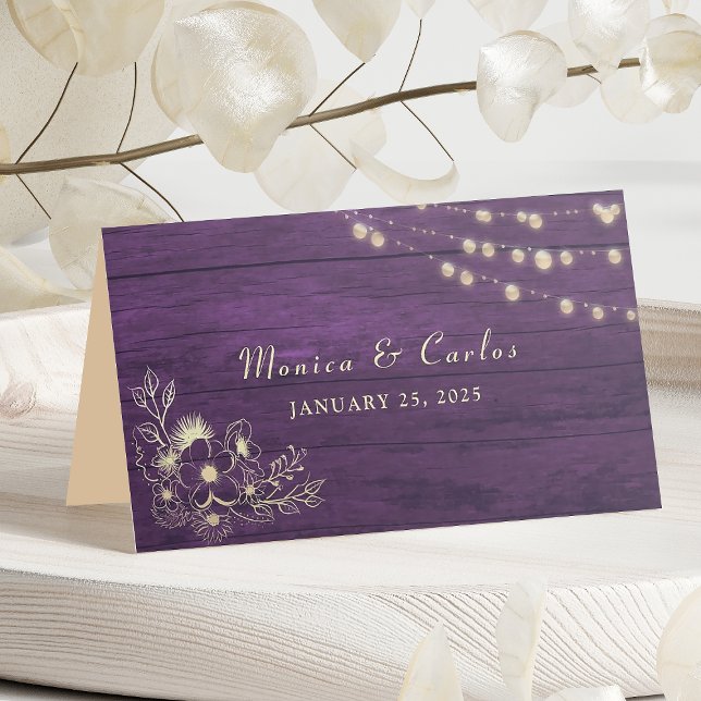 Asiento Tarjeta de lugar de boda con luces de cadena morad (Subido por el creador)