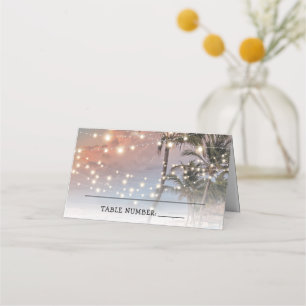 Asiento Tarjeta de lugar de boda con luces de playa tropic