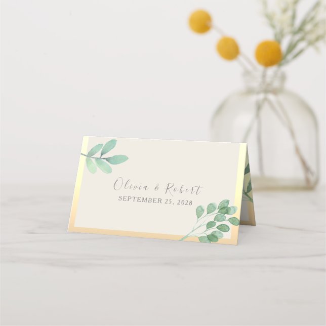 Asiento Tarjeta de lugar de boda con verde dorado (Reverso)