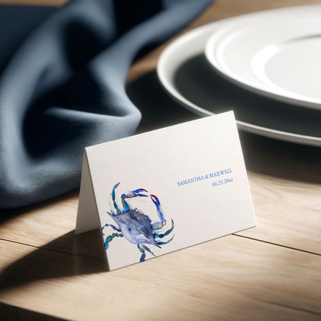 Asiento Tarjeta de lugar de Boda costero de cangrejo azul  (Crab place cards in shades of blue watercolor art by Victoria Grigaliunas Do Tell A Belle)