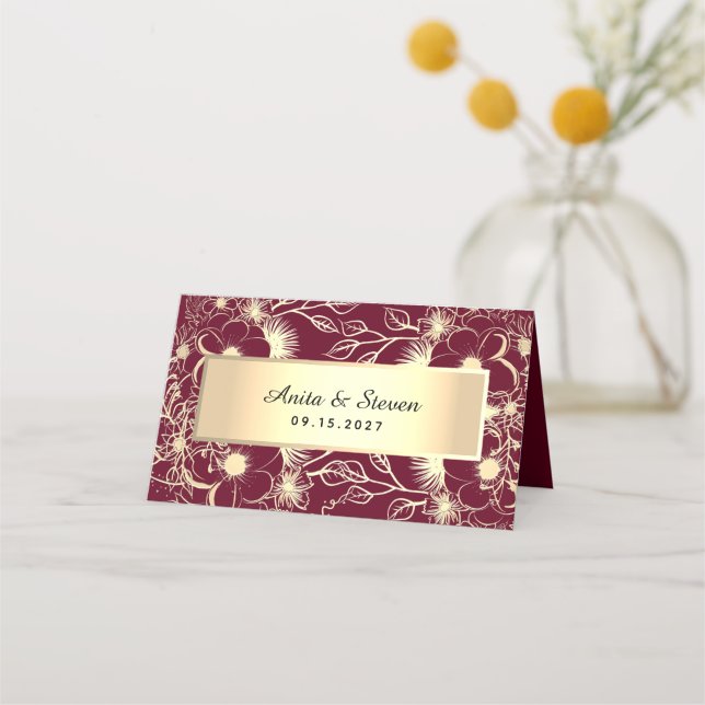 Asiento Tarjeta de lugar de boda de Borgoña dorada (Reverso)