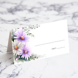 Asiento Tarjeta de lugar de boda de margaritas púrpura y b