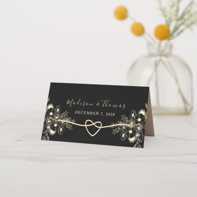 Asiento Tarjeta de lugar de boda de oro negro (Reverso)