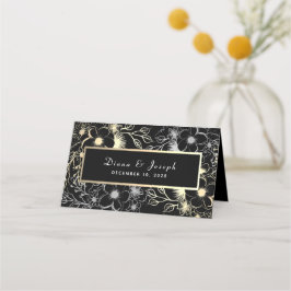 Asiento Tarjeta de lugar de boda elegante en negro y dorad