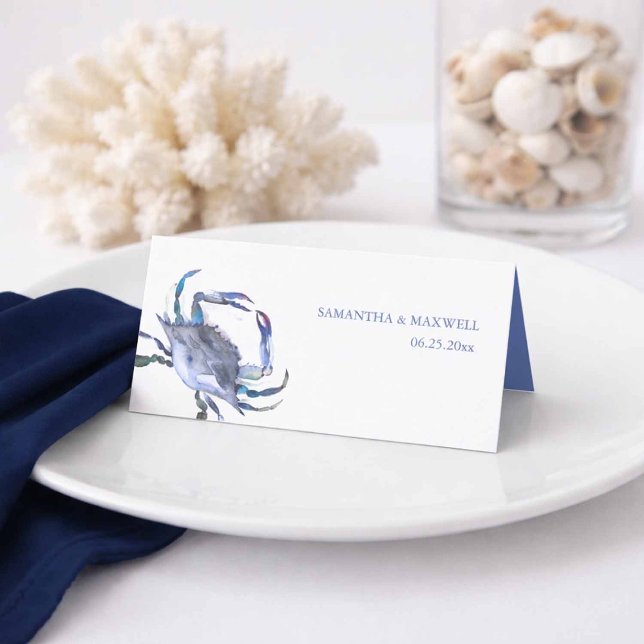 Asiento Tarjeta de lugar de boda en la playa con cangrejo  (Crab place cards in shades of blue watercolor art by Victoria Grigaliunas Do Tell A Belle)