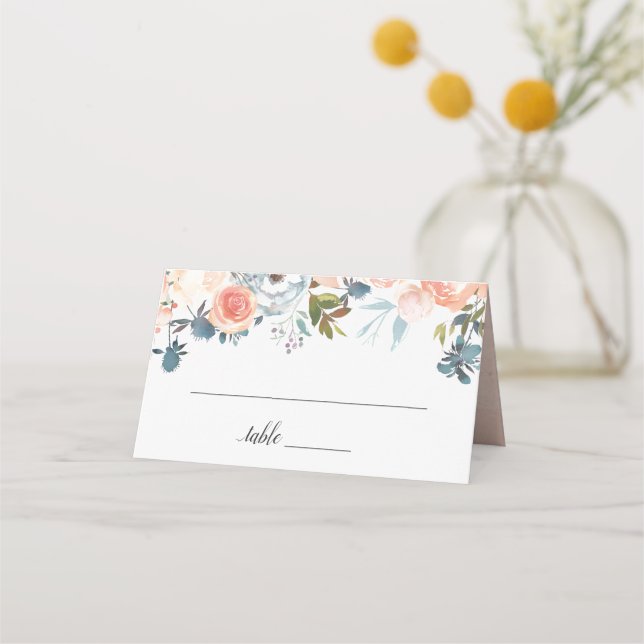 Asiento Tarjeta de lugar de boda floral acuarela melocotón (Anverso)