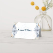 Tarjeta de lugar de boda floral azul elegante