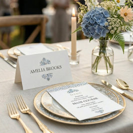 Asiento Tarjeta de lugar de boda floral azul polvoriento