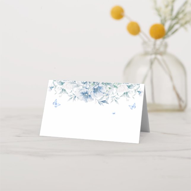 Asiento Tarjeta de lugar de boda floral azul y blanco chin (Anverso)