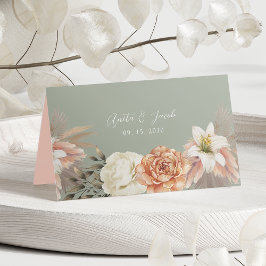 Asiento Tarjeta de lugar de boda floral de melocotón verde