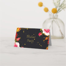 Tarjeta de lugar de boda floral negra temperamenta