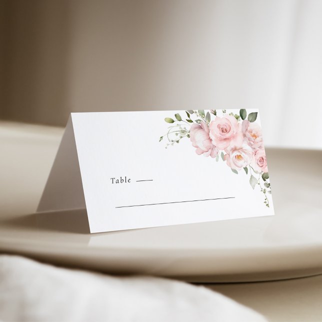 Asiento Tarjeta de lugar de boda floral rosa Boho Blush (Blush pink rose floral tent wedding place card with soft watercolor flowers and minimalist layout)