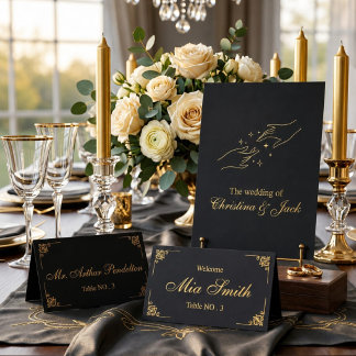Asiento Tarjeta de lugar de boda negra y dorada elegante d