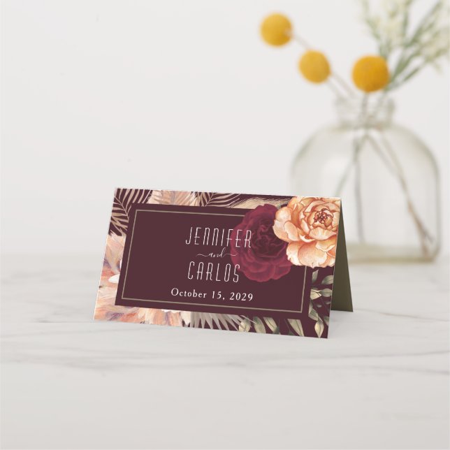 Asiento Tarjeta de lugar de boda rústica borgoña (Reverso)