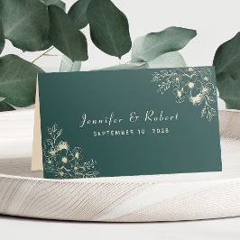 Asiento Tarjeta de lugar de boda verde esmeralda y dorada