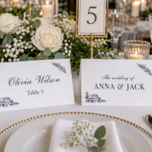 Tarjeta de lugar de bodas con boceto de paisaje vi