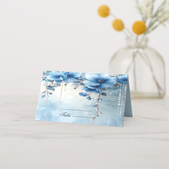 Asiento Tarjeta de lugar de flores azules y perlas (Anverso)