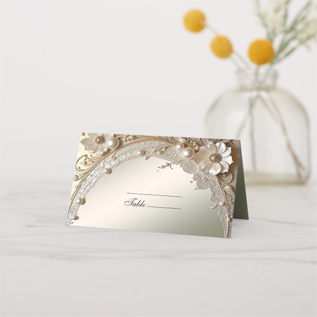 Asiento Tarjeta de lugar de flores blancas modernas perlas (Anverso)