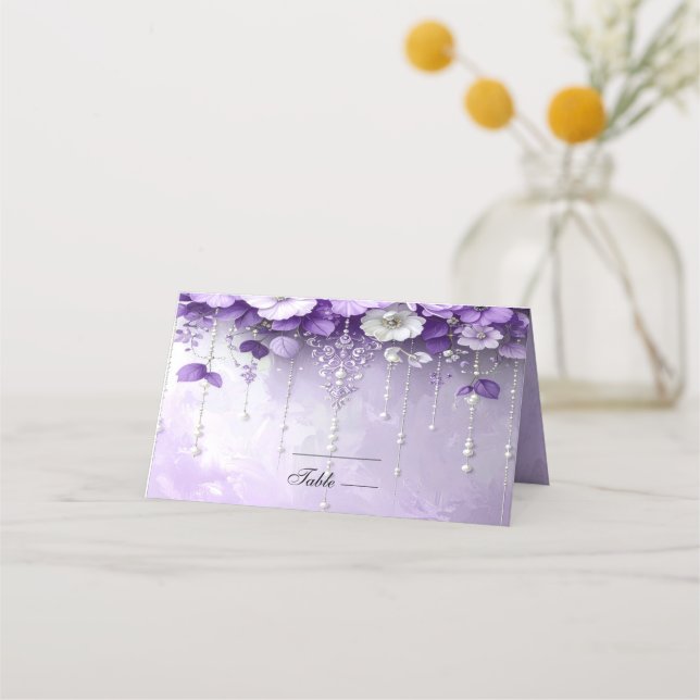 Asiento Tarjeta de lugar de flores moradas con perlas colg (Anverso)
