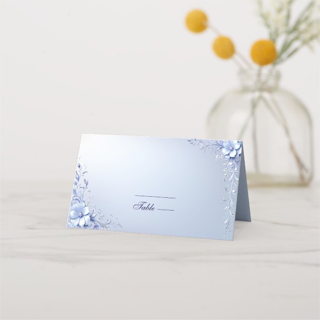 Asiento Tarjeta de lugar de flores ornamentadas azules con (Anverso)