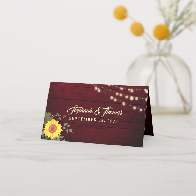 Asiento Tarjeta de lugar de girasol rústico (Reverso)