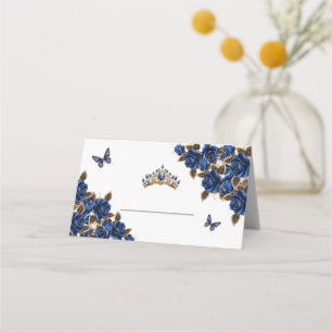 Asiento Tarjeta de lugar de mariposas de rosas doradas azu