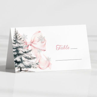 Asiento Tarjeta de lugar de mesa de invierno con lazo rosa