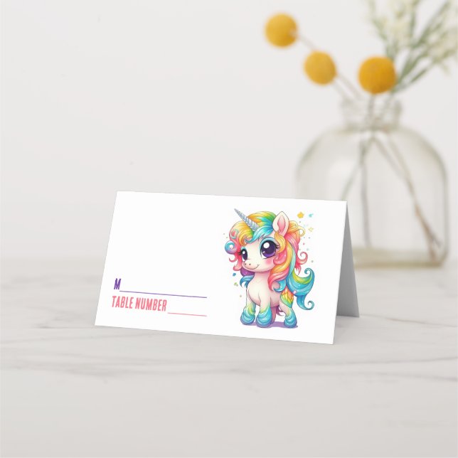 Asiento Tarjeta de lugar doblada arcoíris de unicornio (Anverso)