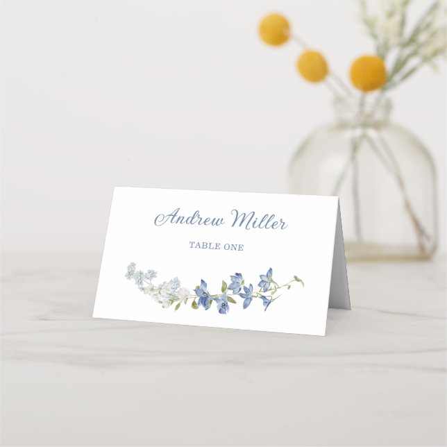Asiento Tarjeta de lugar doblada con arreglo floral azul e (Anverso)