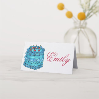 Asiento Tarjeta de lugar doblada de pastel de cereza azul 