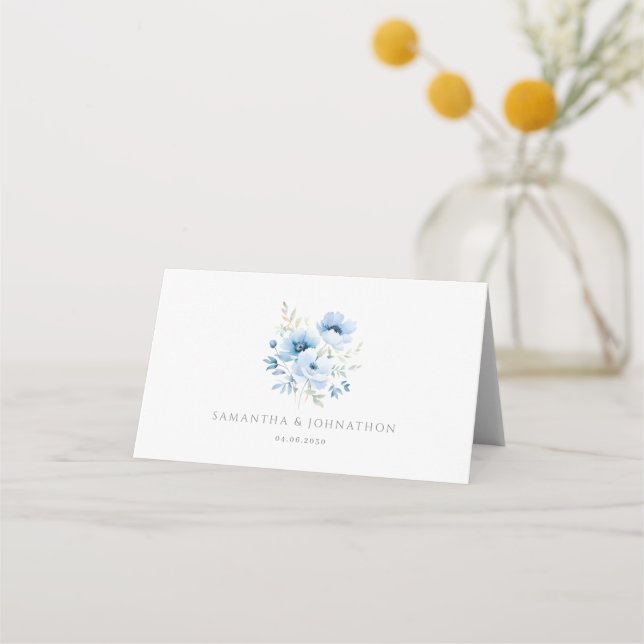 Asiento Tarjeta de lugar doblada para boda floral azul (Reverso)