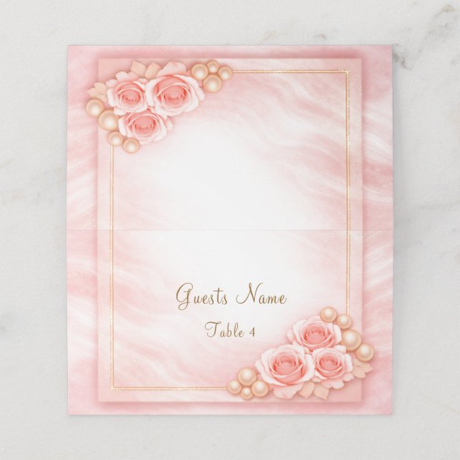 Asiento Tarjeta de lugar doblada rosa boda (Exterior desplegado)