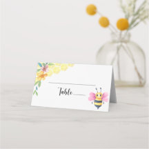 Tarjeta de lugar floral de abeja y panales