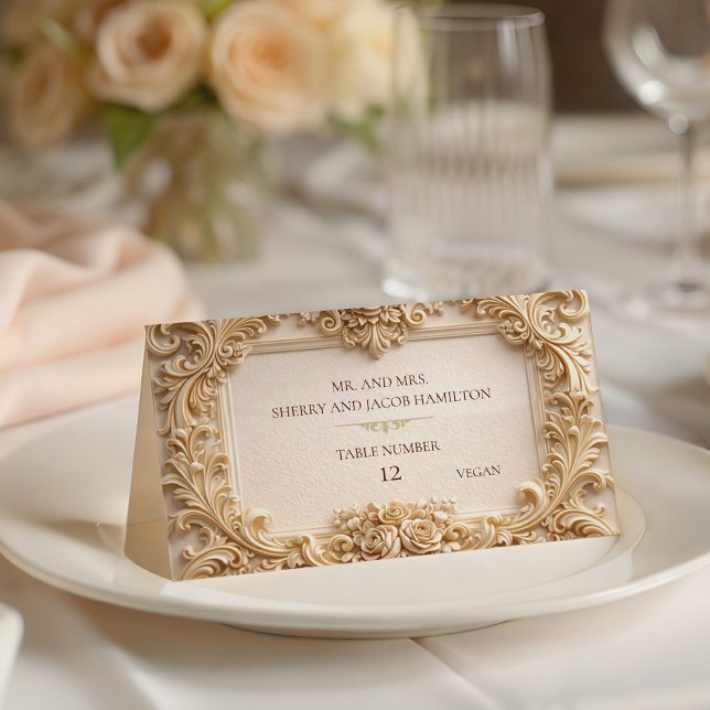 Asiento Tarjeta de lugar marfil con marco de monograma bar (Gold Baroque Monogram Frame Ivory Place Card)