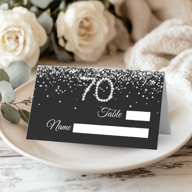 Asiento Tarjeta de lugar para la fiesta de cumpleaños núme (Silver Diamonds 70th Birthday Party decor place card)